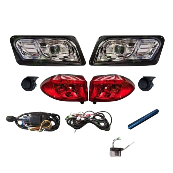 Collection of golf cart light kits designed for all popular EZGO, Club Car, and Yamaha golf carts and utility vehicles.