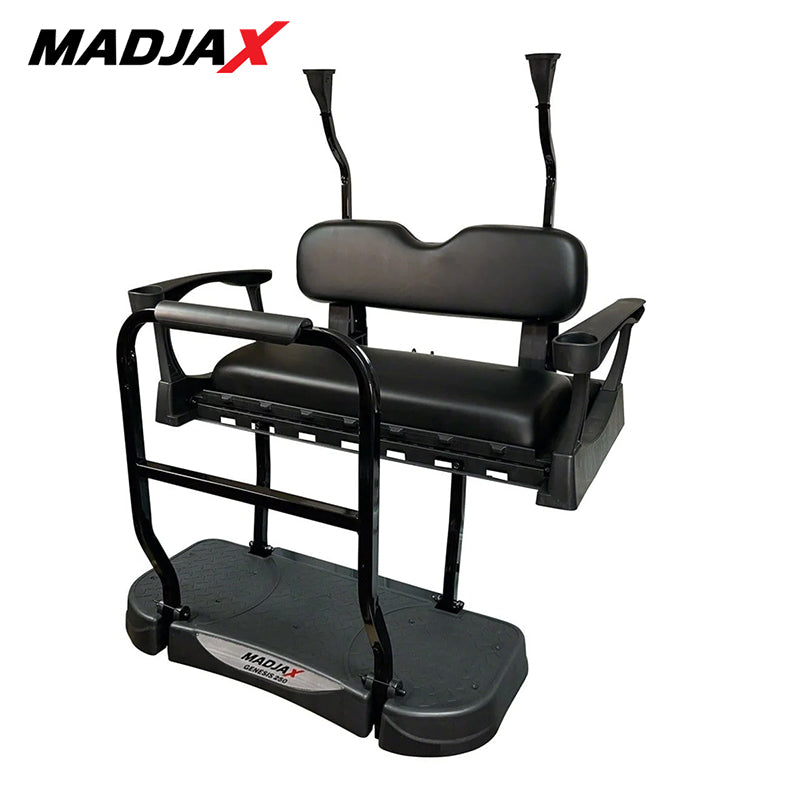 Genesis 250 rear flip seat kit for Club Car Onward, Tempo, and Precedent models, years 2004 and newer, with black standard cushions, grab bar, and roof supports included, offered with free shipping, Item #01-047-202S.