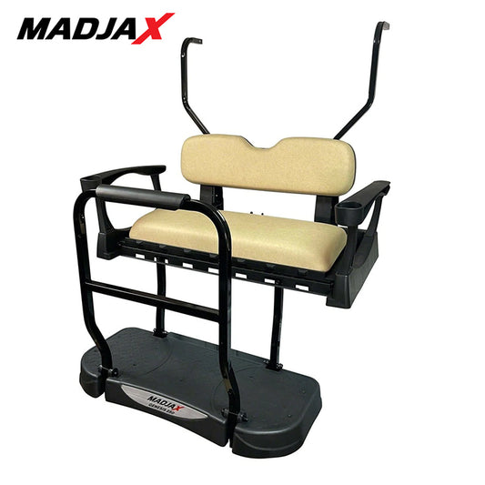 Genesis 250 rear flip seat kit for Club Car DS models, years 2000.5 and newer, with buff standard cushions, grab bar, and roof supports included, offered with free shipping, Item #01-048-200S.