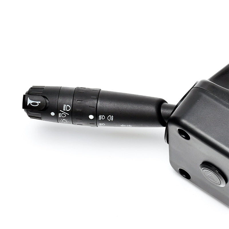 Close up view of the MadJax XSeries turn signal stalk displaying the horn button, light selector turnstyle, and hazard 4-way switch, item #02-130-1.