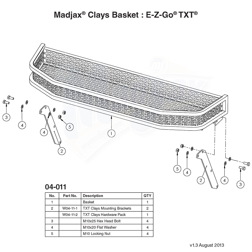 Exploded view of the parts diagram and descriptions of the MadJax Clays Basket front cargo rack designed for TXT model EZGO golf carts as well as XSeries X2, X4, and X6 model PTVs and golf carts.