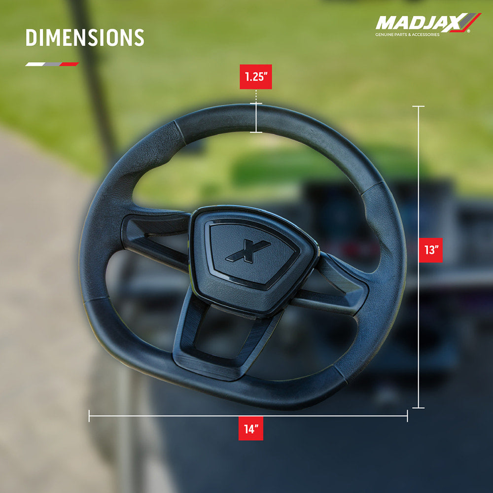 Dimensions and measurements of the flat-bottom designed Cruise golf cart steering wheel, 1.25" thickness 13" height and 14" width.