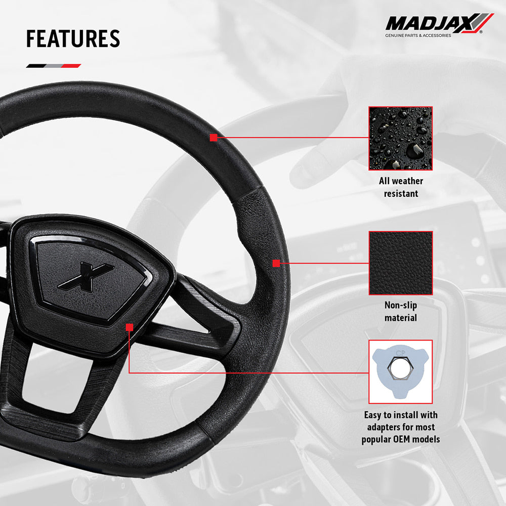 Feature photo for the new Cruise golf cart steering wheel, promoting the all weather resistant construction, non-slip rubberized material, and easy to install adapters for most popular OEM golf cart and utility cart models.