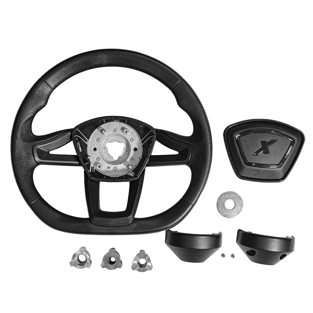 All included components of the new MadJax Cruise black custom flat-bottom golf cart steering wheel designed for all major models of Club Car, EZ-GO, and Yamaha golf and utility carts, including 3 universal adapters, column covers, and center steering cover.