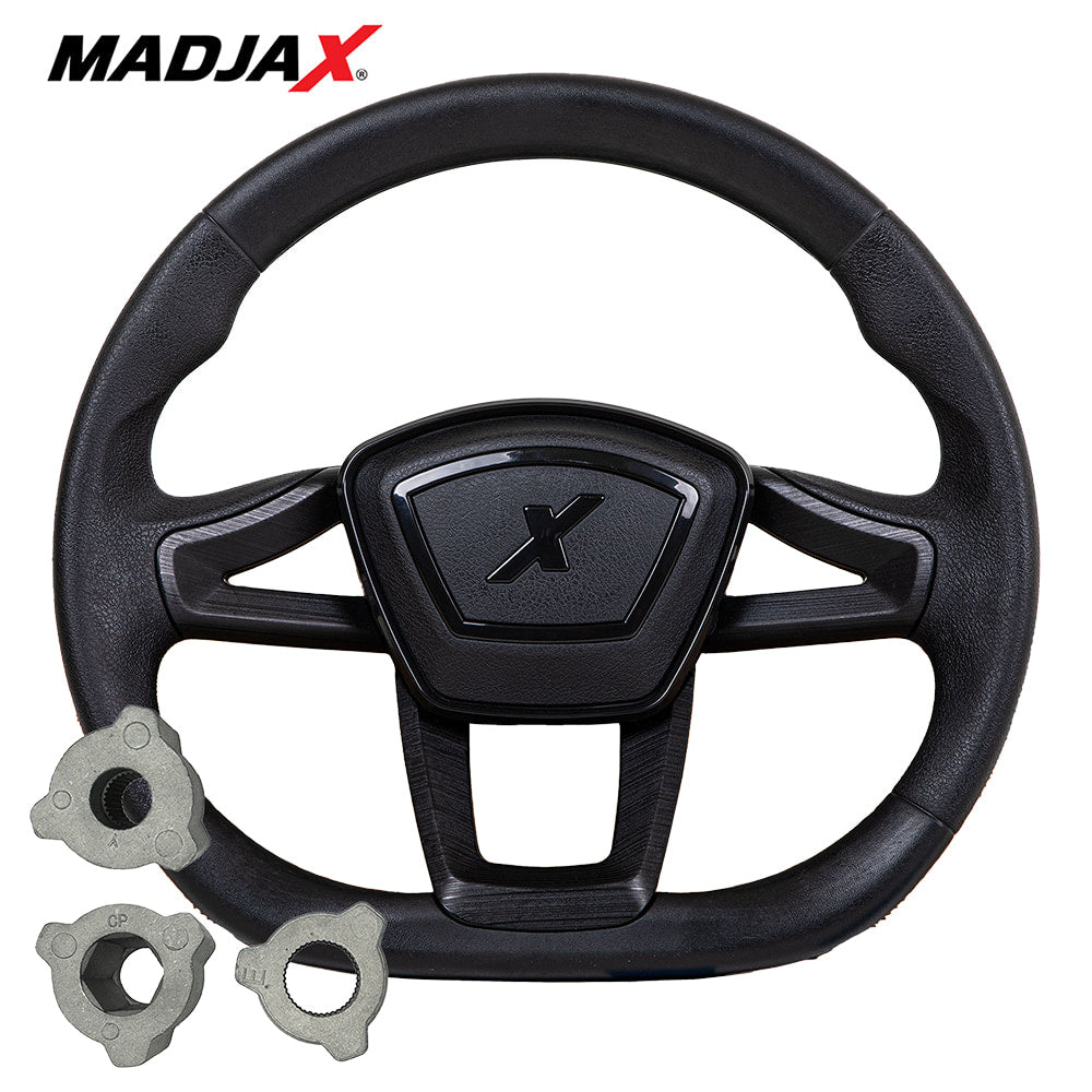 Main view of the MadJax Cruise custom golf cart steering wheel in black, featuring rubberized and contoured grip, universal steering shaft adapters for all major models, and free shipping, Item #06-157.