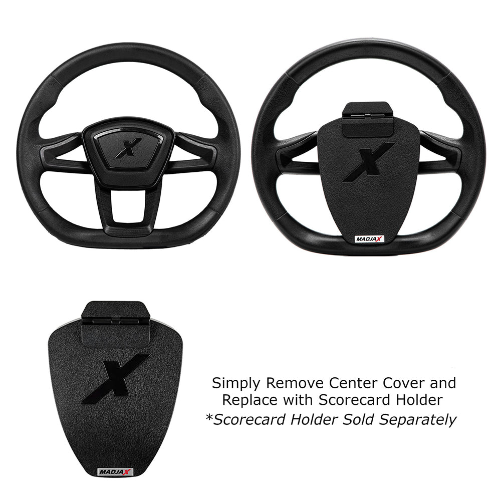 Illustration showing how to add the MadJax scorecard holder cover to the new Cruise steering wheel sold by Salt City Golf Cart in Hutchinson, Kansas.
