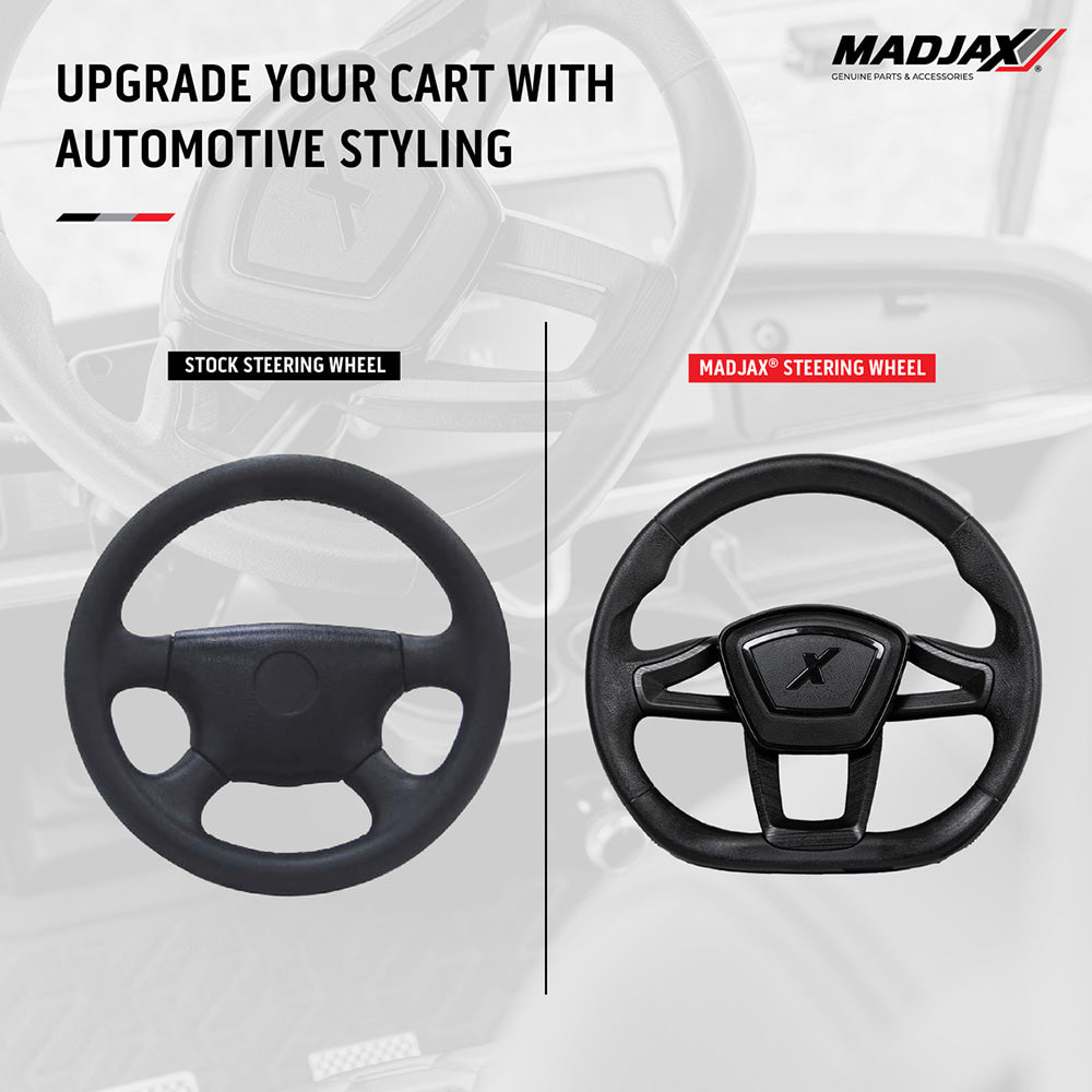Photo showing the huge styling upgrade when swapping out your stock golf cart steering wheel with the automotive-inspired design of the new MadJax Cruise steering wheel with ergonomic grip and textured rubber design.