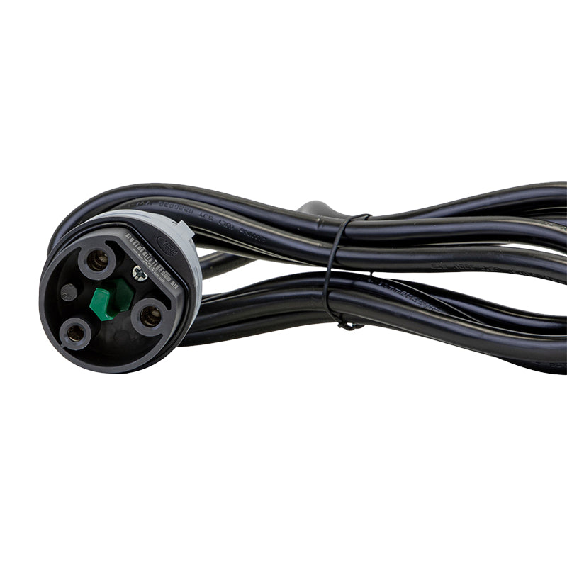 Close up view of the 3-pin connector on replacement XSeries 120V charging cord, sold by Salt City Golf Cart in Hutchinson, Kansas.