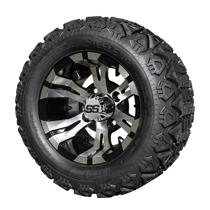 Angled view of 18x9-10 All Terrain golf cart tires mounted on 10" aluminum golf cart Vampire style wheel.