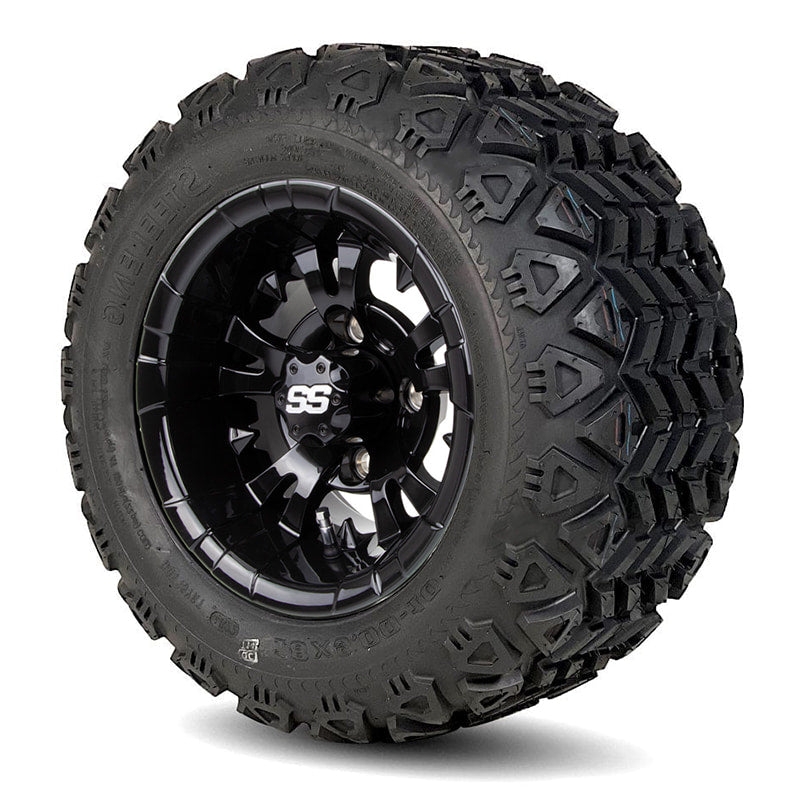 10" Vampire gloss black wheel with 18x9-10 P3026 all-terrain golf cart tire for sale in Hutchinson, Kansas.