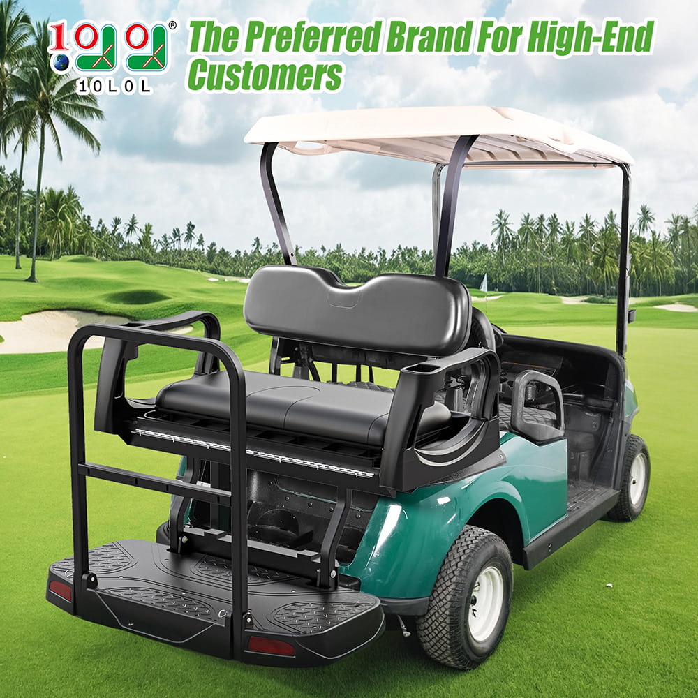 The 10LOL Deluxe Rear Flip Seat with black cushions installed on an E-Z-GO RXV model golf cart, parked on the fairway, displaying the great fit and finish after installation.