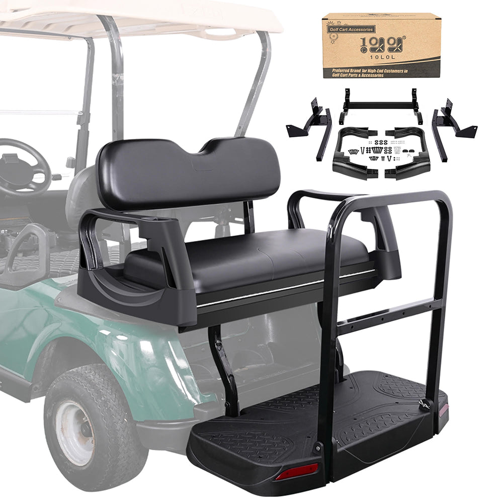 Premium great value 10lol composite golf cart rear flip seat available for Club Car, EZ-GO, and Yamaha golf carts, offered with variety of cushion colors, best pricing, and fast and free shipping.