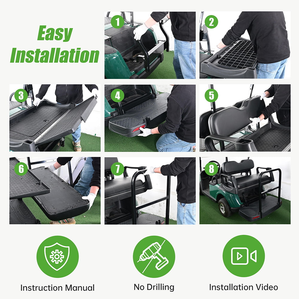 Overview of the easy installation process on the 10LOL premium golf cart rear flip seat, including instructions, installation video, and no drilling required.