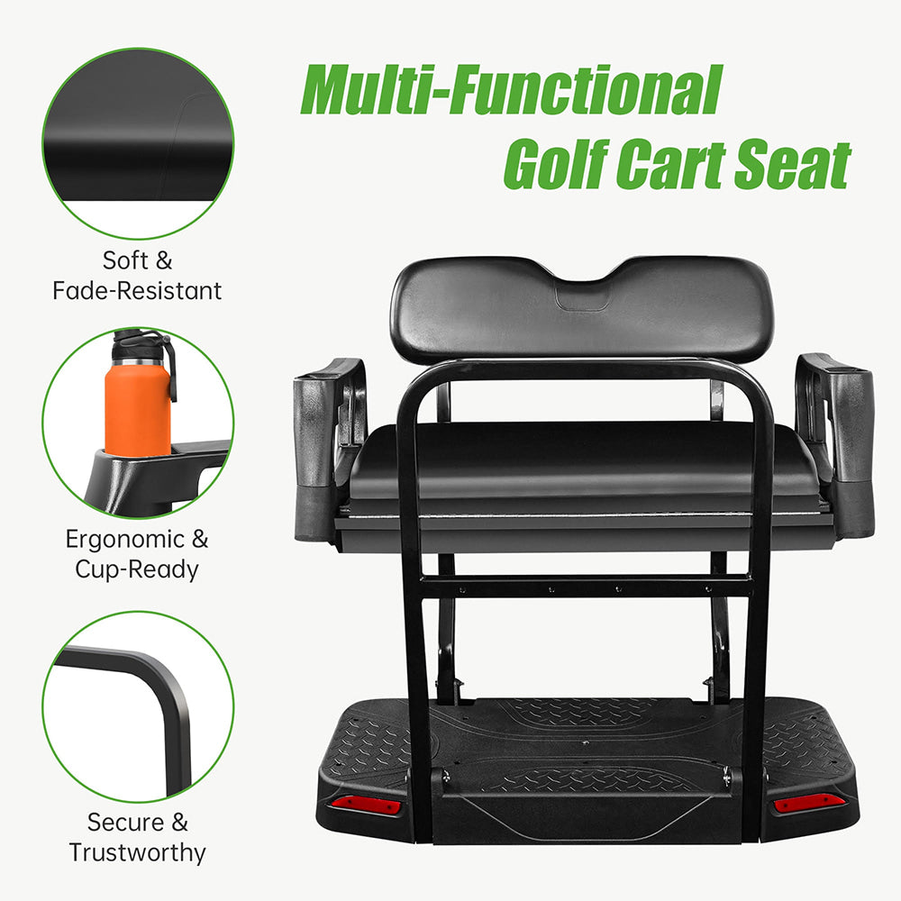 Soft cushions, featuring fade resistant thermoformed vinyl, ergonomic cup holders integrated into armrests, and strong deluxe grab bar, compliment the new awesome value 10LOL premium golf cart seat.