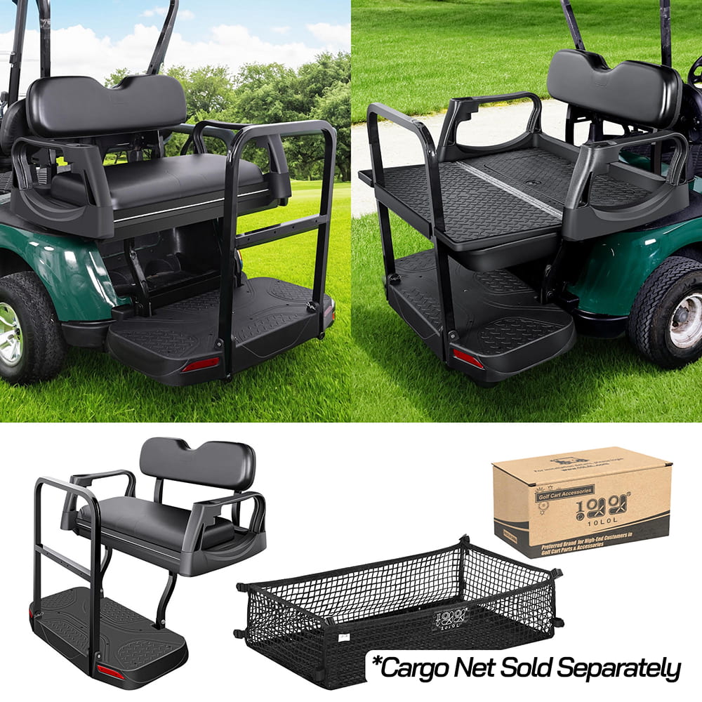 Features and functions of the brand new composite premium rear golf cart flip seat from 10LOL, an industry leader, offered at incredible pricing and includes a free cargo net with purchase.