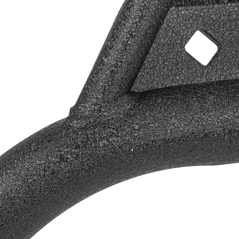 Close up detailed view of the matte black textured powdercoating finish on a set of XSeries nerf bars with drop down step by MadJax.