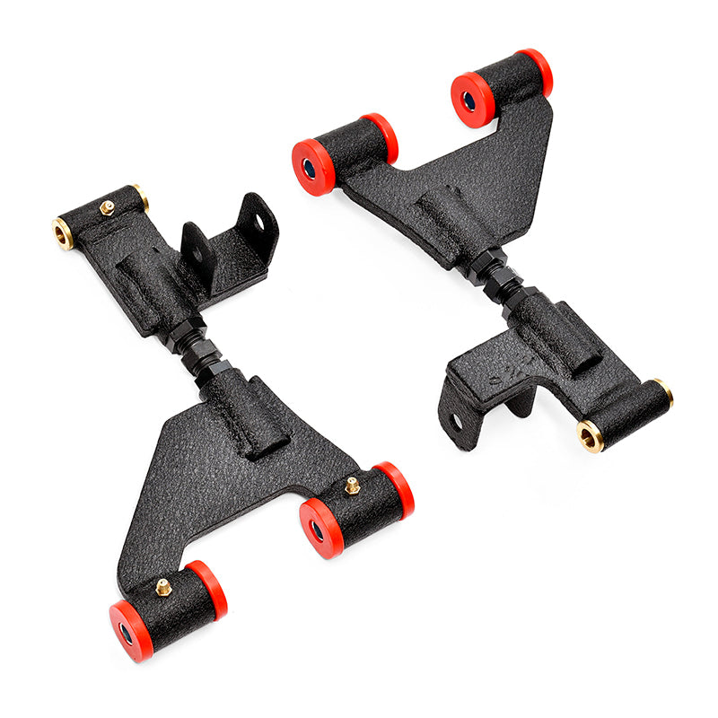 Pair of adjustable upper control arms with red urethane bushings designed for the King XD 4" Yamaha Drive and Drive2 golf carts front suspension.