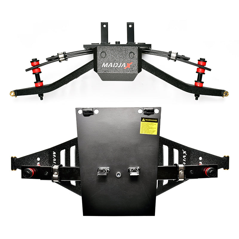 Top and front view of the lower main a-arm frame assembly of the King XD Drive2 golf cart 4" lift kit, featuring bright red urethane bushings and laser cut MadJax logo and louvered lower control arms, from Item #16-055.