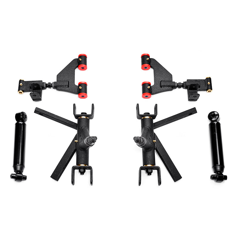 Detailed view of the adjustable upper control arms and powder coated, greasable spindle assemblies of the Yamaha King XD 4" lift kit, offered with free shipping by Salt City Golf Cart in Hutchinson, Kansas.