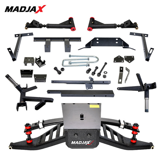 Brand new Madjax KingXD 5" Double A-arm heavy duty golf cart lift kit designed for 2014 and newer EZ-GO TXT and T48 model golf carts, gas or electric, with adjustable kingpin design, greasable bushings, and offered with free shipping from Salt City Golf Cart, Item #16-059.