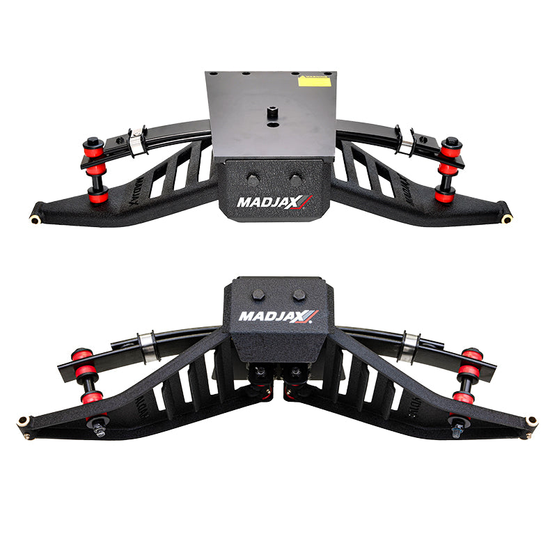 Views from both the top angle as well as the bottom angle of the King XD TXT T48 lift kit main front suspension assembly which includes vented/slotted lower control arms, textured powder coated finish, red bushings, brass sleeves, and color MadJax logo front plate.