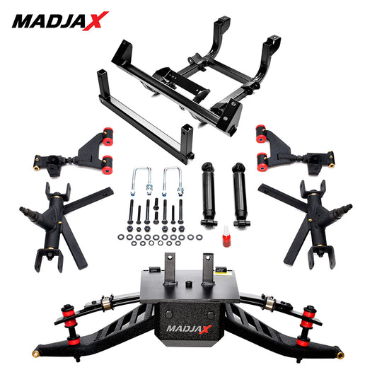 View of all the components included in the Yamaha Drive2 gas model 4" King XD lift kit by MadJax, offered with free shipping by Salt City Golf Cart, Item #16-062.