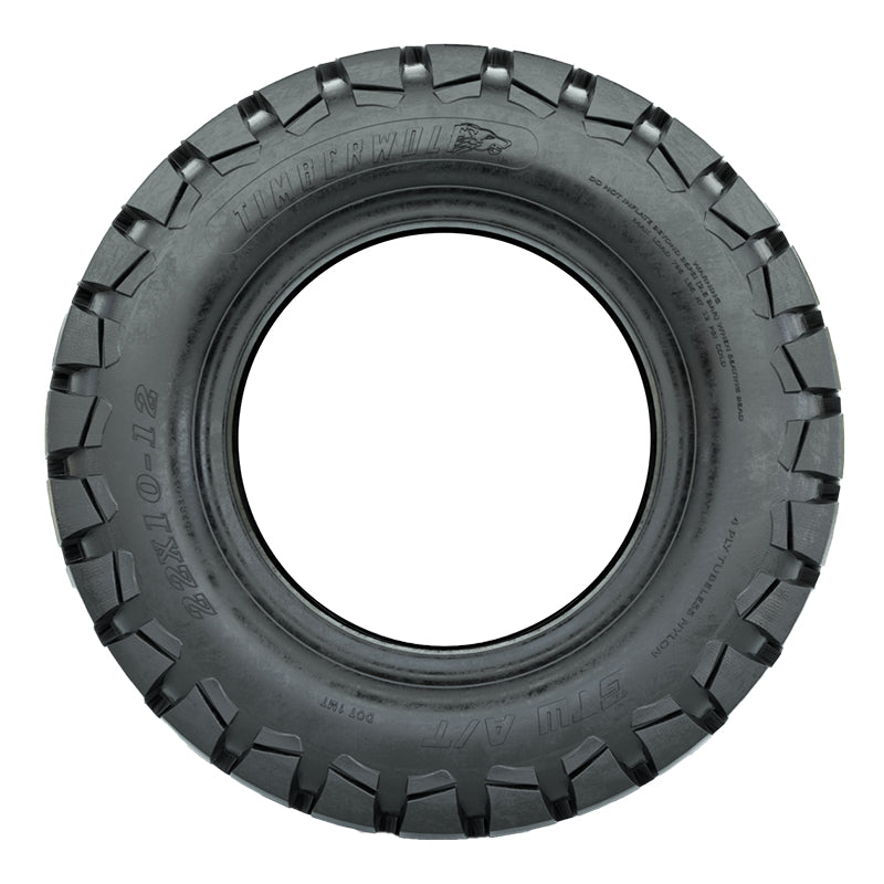 Sidewall view of the GTW Timberwolf hybrid golf cart tire, 22" tall overall height for lifted Club Car, EZGO, and Yamaha golf carts, featuring 785 pound load rating, 4-ply bias construction, and continuous shoulder lug design, sold by Salt City Golf Cart in Hutchinson, Kansas, with free shipping.