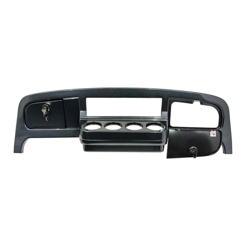 EZ-GO TXT T48 carbon fiber dash cover for gas and electric model golf carts, featuring locking glove box doors, 4 cup holders, and easy installation, as well as free shipping, Item #20148.