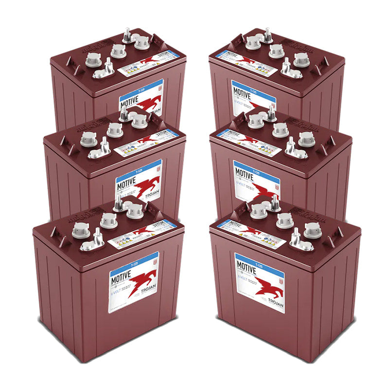 Set of 6 High Capacity Trojan T125 lead acid golf cart batteries for sale near Hutchinson, Kansas by Salt City Golf Cart, designed for 36-Volt golf carts and electric vehicles.
