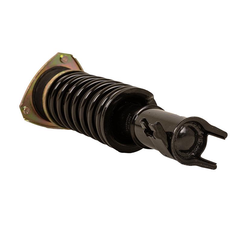 Bottom view of the spindle mounting plates and brake line mounting bracket of the OEM replacement strut assembly for MadJax Storm golf carts, featuring integrated shock and coil-spring design.