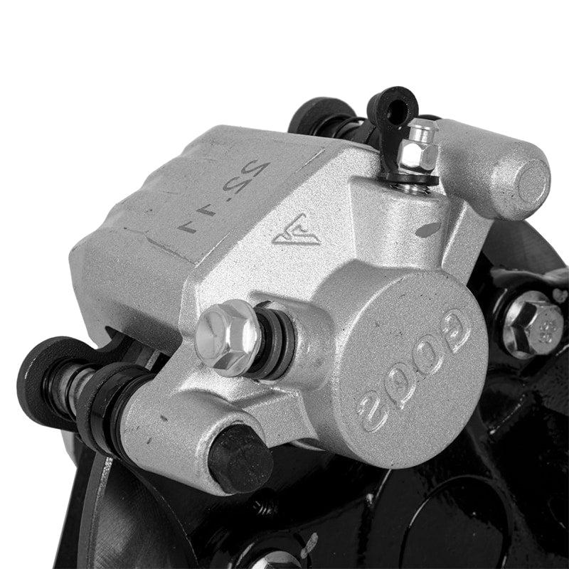 Close up view of the MadJax XSeries front hydraulic brake caliper showing the brake line mounting bolt, bleeder valve and GOQS manufacturer name cast into the caliper.