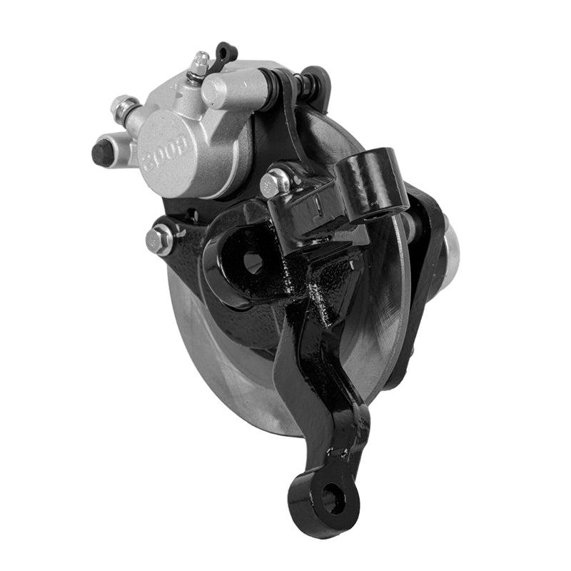 Alternate angled view showing the backside of the XSeries passenger side brake caliper, hydraulic bleeding valve, strut mounting location, and tie rod mounting arm, Item #28-025.