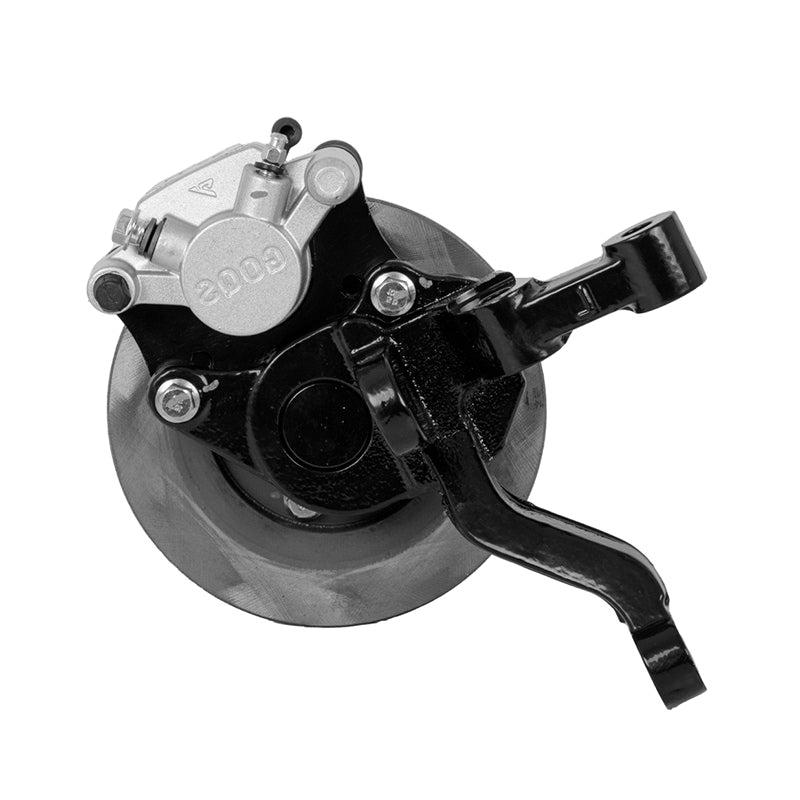 Backside view of replacment MadJax XSeries X2, X4, and X6 model golf cart passenger side non-lifted model complete spindle, including hub, rotor, caliper, and bearings.