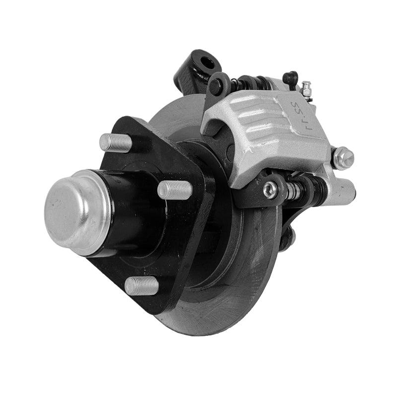 Front angled view of replacement XSeries Storm right front passenger side non-lifted spindle and brake complete assembly, Item #28-025, offered with free shipping by Salt City Golf Cart.