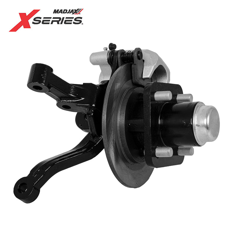 Complete right front passenger side OEM spindle assembly kit replacement for MadJax 2023-2025 XSeries Storm golf carts, including brake caliper, pads, and hub, offered with free shipping, Item #28-025.