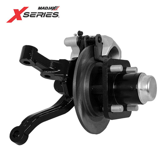 Complete right front passenger side OEM spindle assembly kit replacement for MadJax 2023-2025 XSeries Storm golf carts, including brake caliper, pads, and hub, offered with free shipping, Item #28-025.