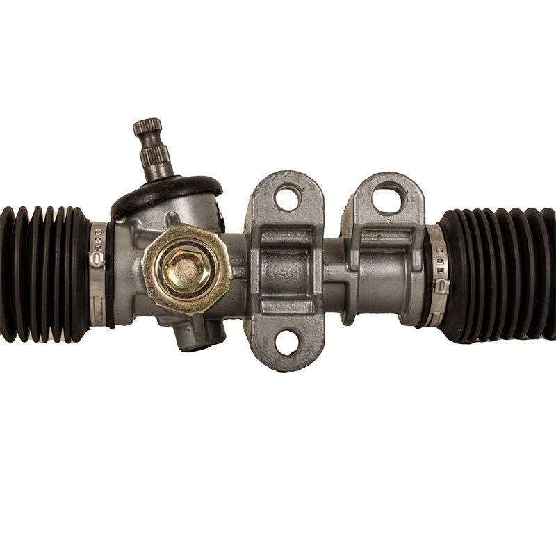 Close up view of the 3-bolt mounting tab surfaces used on the replacement OEM XSeries steering rack assembly.