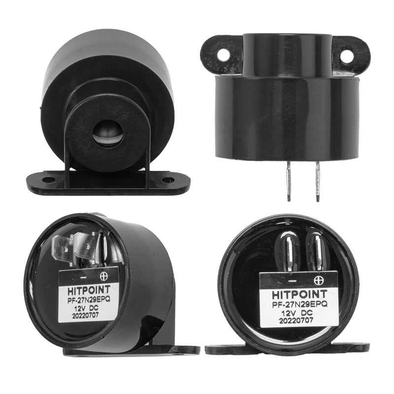 Views of the side, rear, and front of replacement low state of charge warning beeper for XSeries Storm golf carts by Madjax.