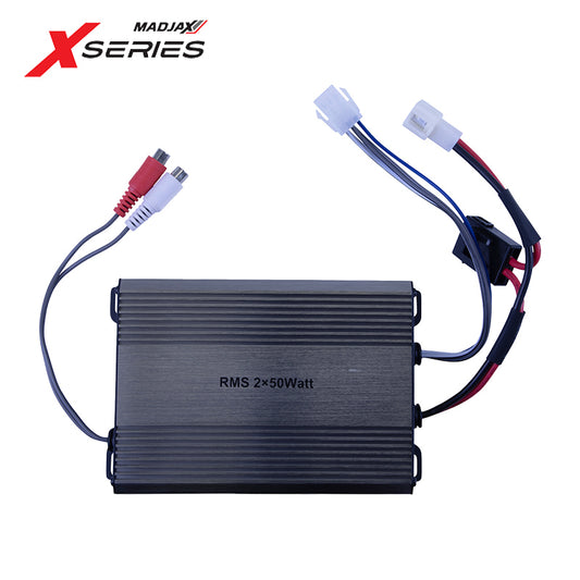 100-watt 2-channel stereo amplifier replacement assembly designed for MadJax XSeries golf carts and PTVs, sold with free shipping by Salt City Golf Cart, Item #28-387-29.