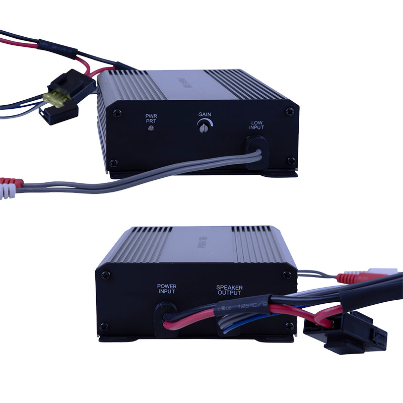 End cap views of the front and rear of replacement OEM audio amplifier for Madjax XSeries Storm golf carts and PTVs, model years 2024 and 2025, Gen2 X2, X4, and X6.