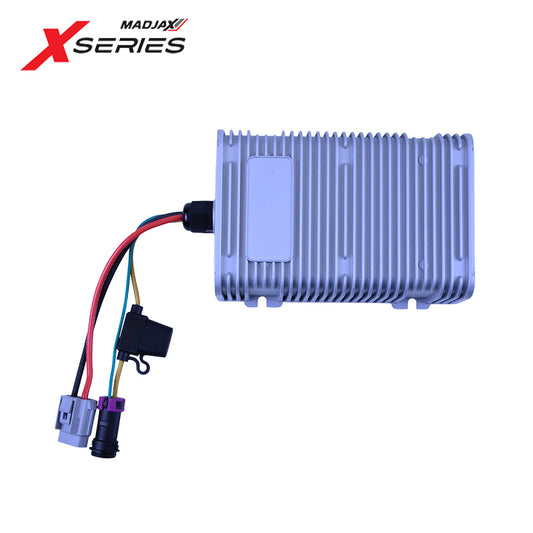OEM replacement 48volt to 12volt voltage reducer designed for the Madjax XSeries golf carts, model years 2024 and newer, sold by Salt City Golf Cart.