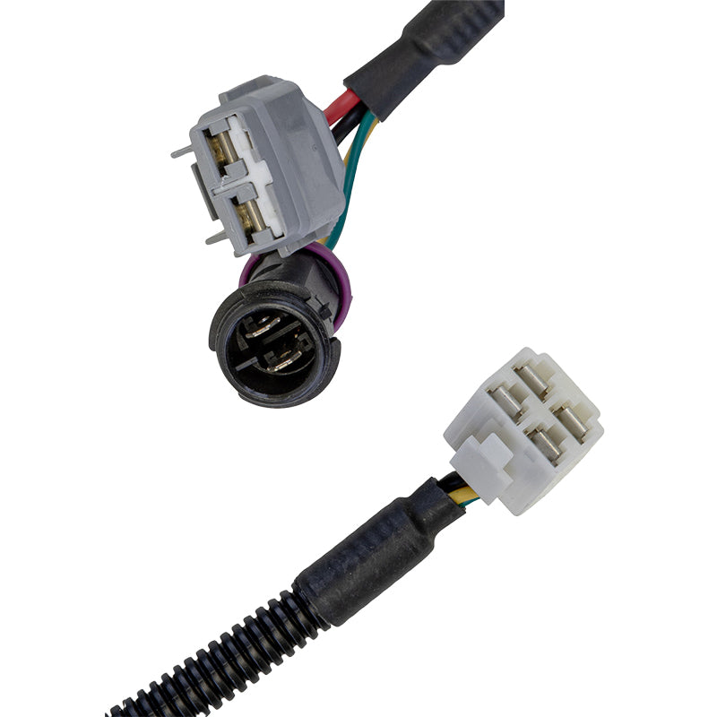 Close up view of the connector ends on the replacement voltage converter wiring harness for Madjax XSeries Storm golf carts and PTVs.