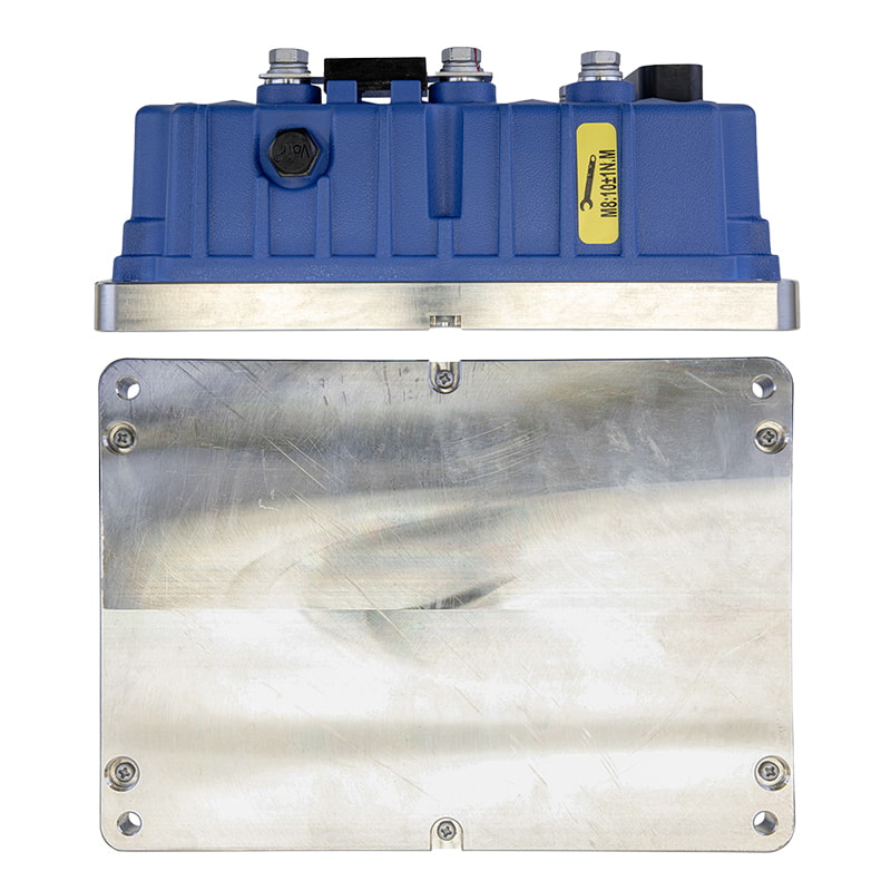 View of the bottom side and end view of the XSeries 2024 and newer golf cart AC electric drive motor controller, including free shipping, item #28-443.