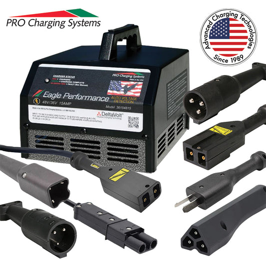 Pro Charging System's DeltaVolt Eagle Performance auto-voltage sensing golf cart charger, designed with high quality repairable parts, 2-year warranty, and interchangeable charging cords, made in the USA!