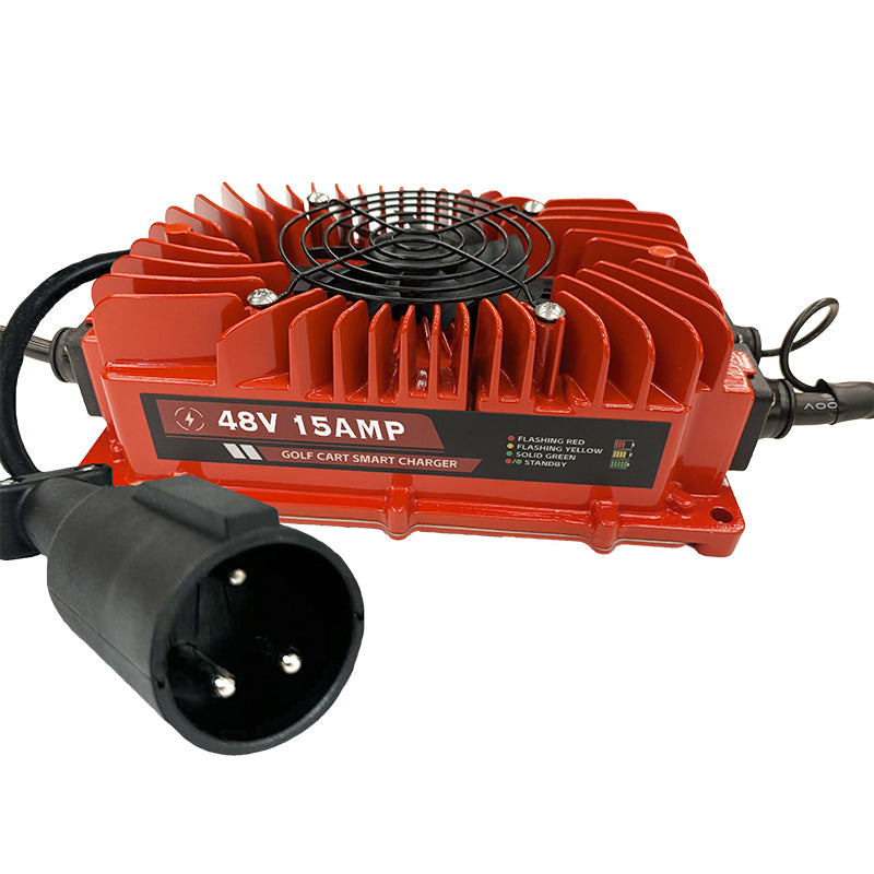48 volt 15 amp golf cart smart charger designed for Club Car Precedent, Tempo, Carryall, and Onward 48-volt electric models, featuring round 3-pin Powerdrive charge port connector and 2 year warranty.