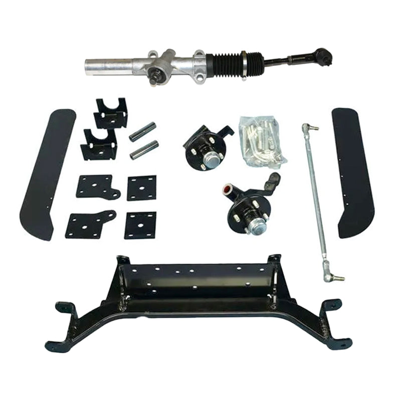 Complete 4-inch EZ-GO S4 and S6 factory OEM lift kit with all components including new rack and pinion steering rack, new spindles, bearings, hubs, front fender flares, and all with free shipping from Salt City Golf Cart, item #74786G02 and #70964G01.