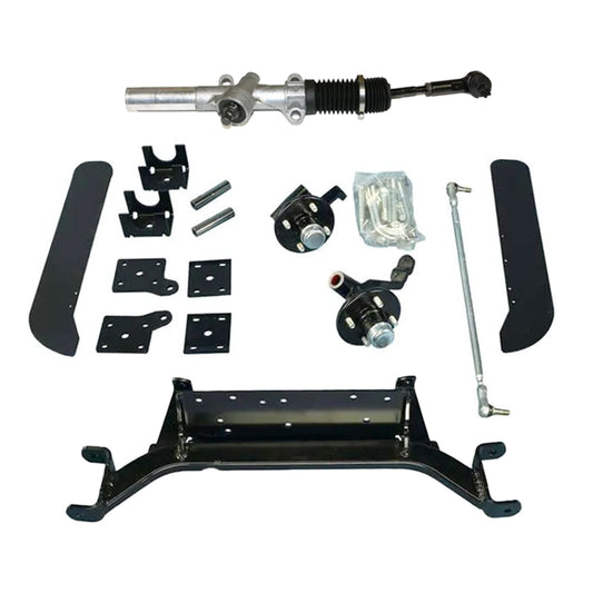 Complete 4-inch EZ-GO S4 and S6 factory OEM lift kit with all components including new rack and pinion steering rack, new spindles, bearings, hubs, front fender flares, and all with free shipping from Salt City Golf Cart, item #74786G02 and #70964G01.