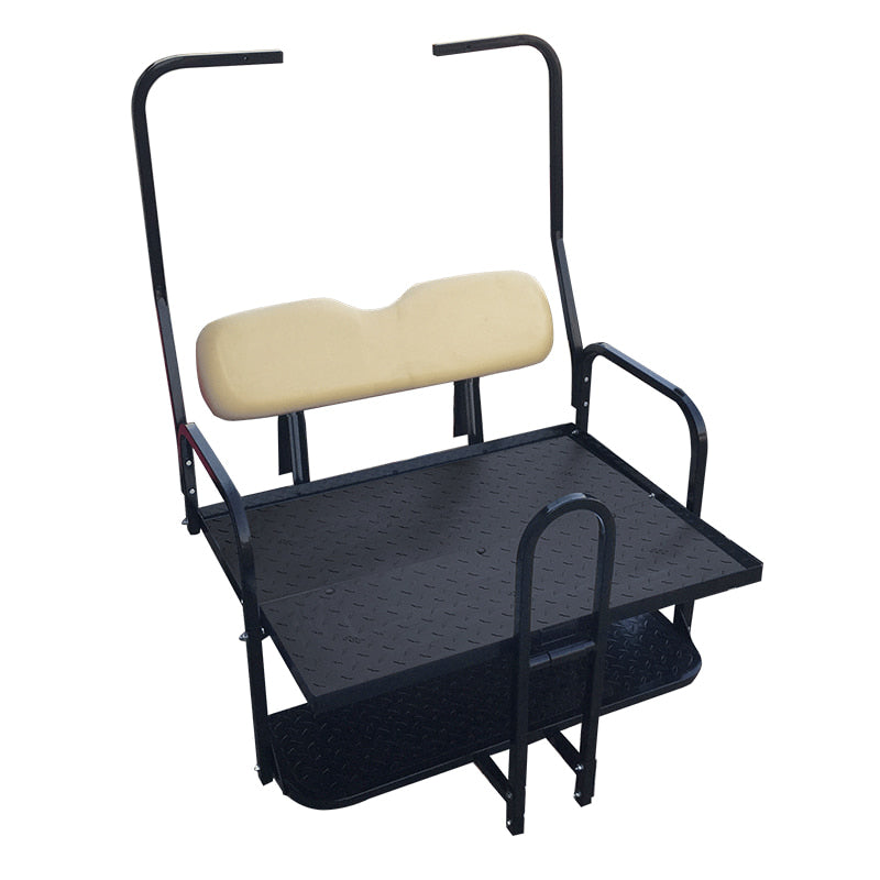 Old style Club Car DS golf cart rear flip seat with the flip tray folded down into cargo position - with oem buff color cushions and free grab bar.