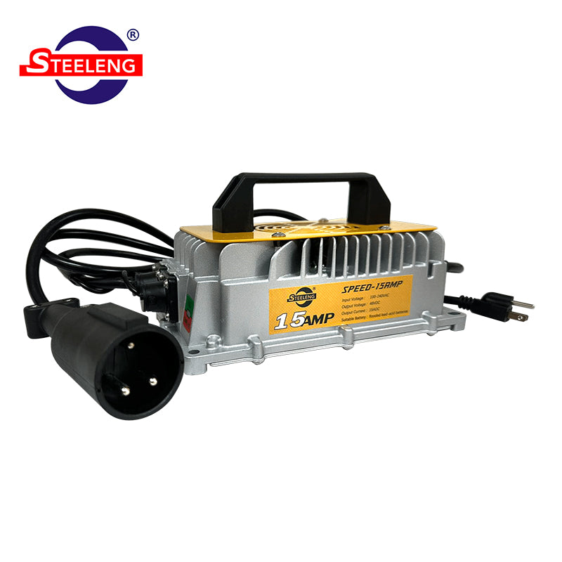 Replacement Club Car 48-volt golf cart smart charger, 15-amp, round 3-pin connector made by SGC, item #CHCC01.