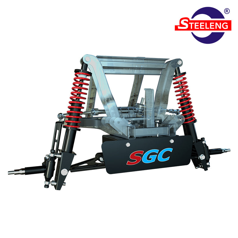 Expanded view diagram / mock up view of the LKYM08 Yamaha Drive lift kit assembled, featuring new coil-over shocks and laser cut front SGC logo plate, sold by Salt City Golf Cart in Hutchinson, Kansas, and offered with free shipping.